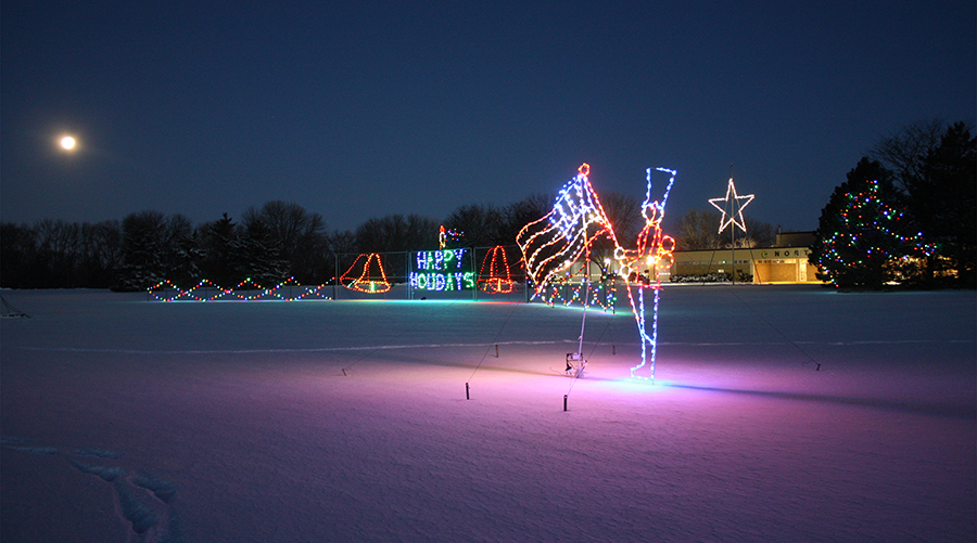 Christmas lights in front of Northern Electric office